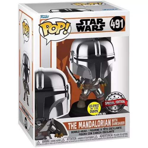 Funko Pop! The Mandalorian with Darksaber #491 Glows in the Dark Box